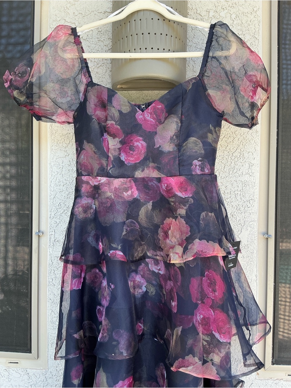NWT Lulu’s Oh-So Stunning Navy Blue Floral Organza Tiered Midi Dress Medium - Picture 7 of 11
